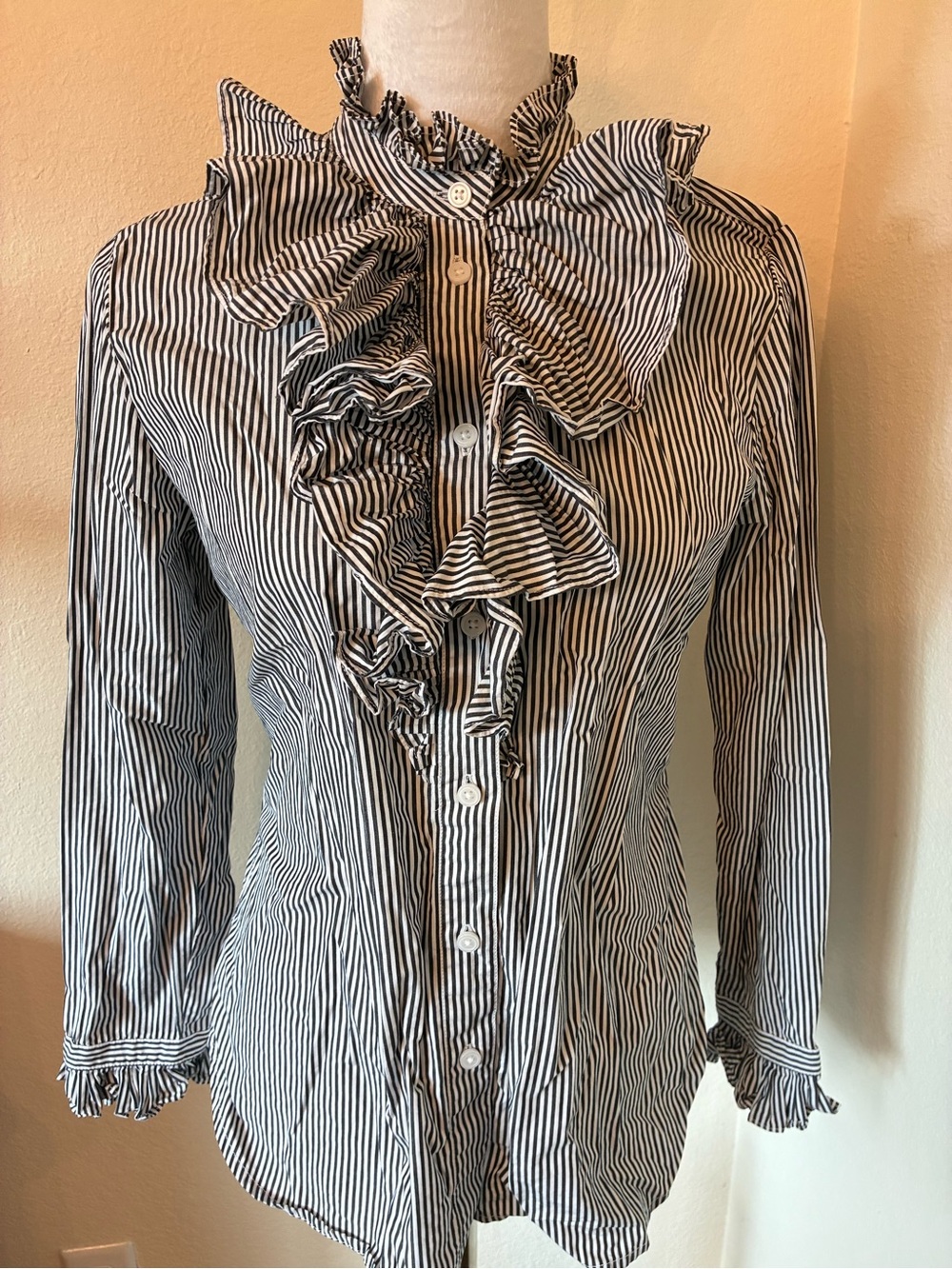 J Crew Striped Ruffle Button-Up Blouse - Black & White 100% Cotton